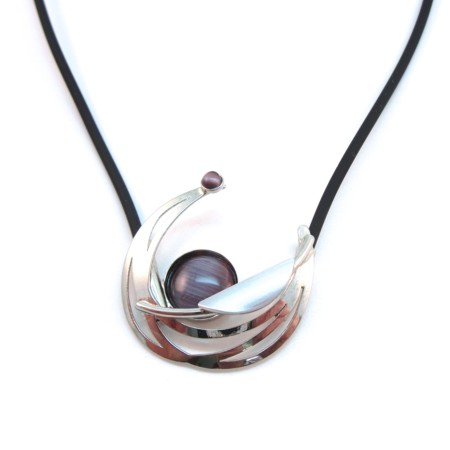 All Silver C-shape and Plum Catsite Rubber Necklace - Click Image to Close